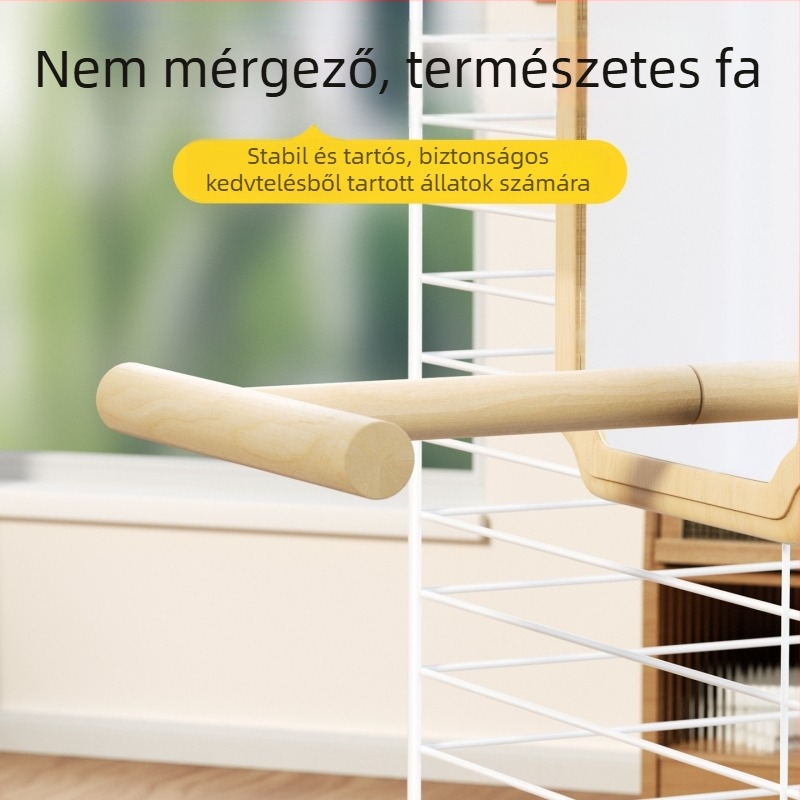 Papagáj tükrös játék – fa tartóval és felakasztható kalitkával, peónia-tigris mintázatú tükör, kis platforma a ketrecben