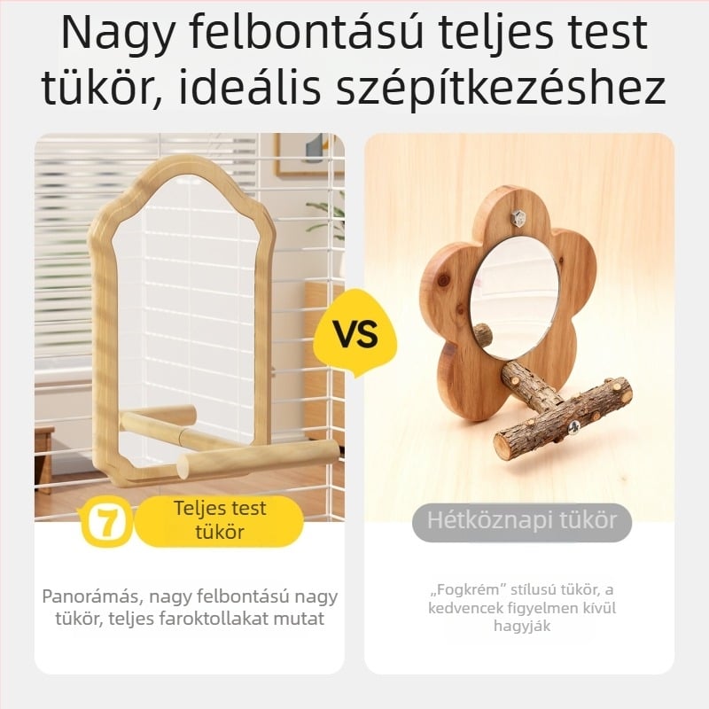 Papagáj tükrös játék – fa tartóval és felakasztható kalitkával, peónia-tigris mintázatú tükör, kis platforma a ketrecben