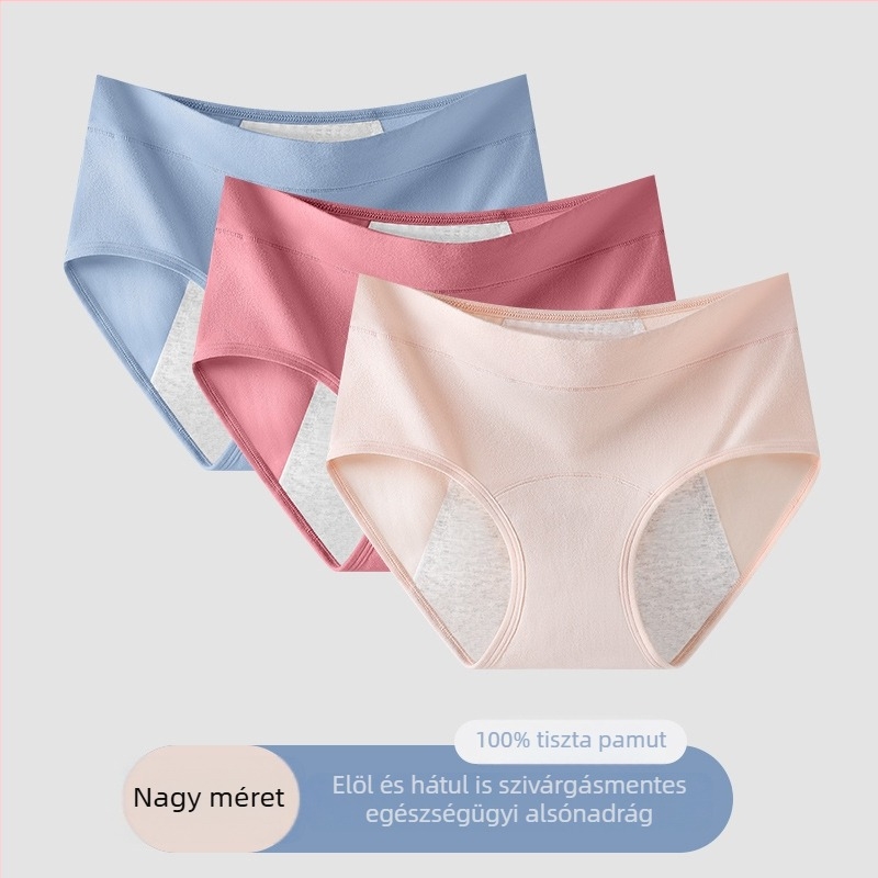 Sima varrás nélküli, magas derekú pamut menstruációs bugyi, plusz méret, szivárgás elleni, antibakteriális, őszi-téli.