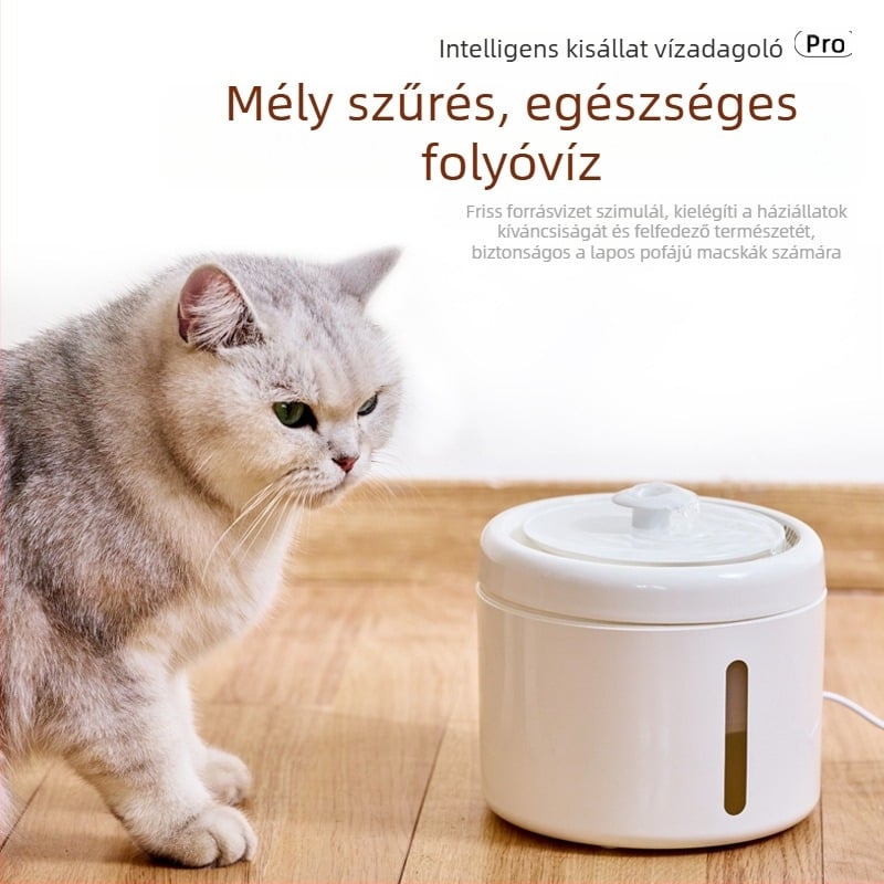 Okos vízadagoló háziállatok számára, csendes működésű, nagy kapacitású körfolyó vízellátás szűrt vízzel, automatikus etetés