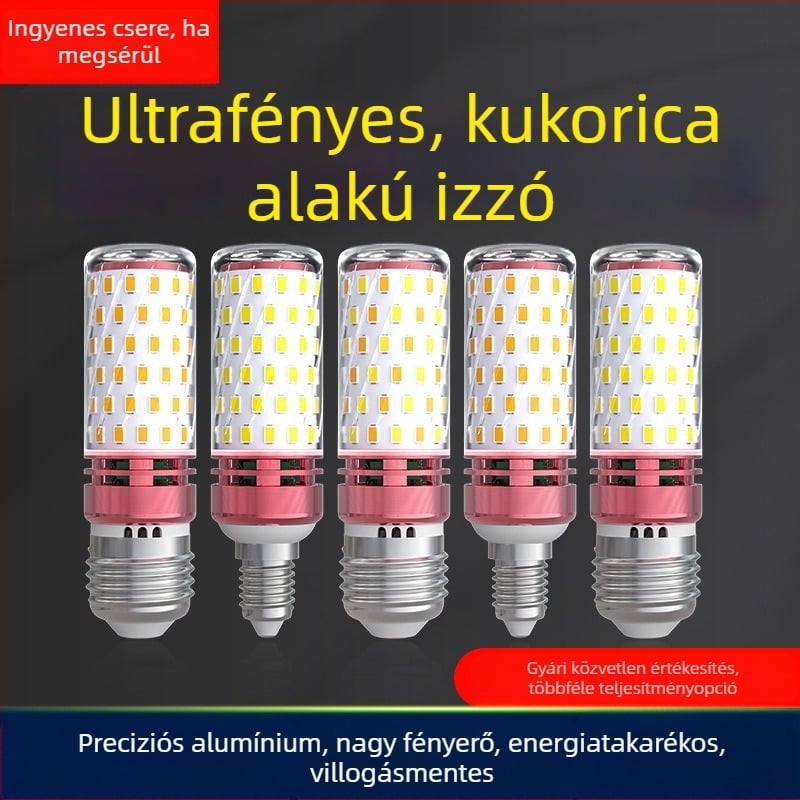 Háztartási LED kukoricaizzó, E27 és E14 foglalat, energiatakarékos, melegfehér háromszínű fény, nagy teljesítményű csillár fényforrás