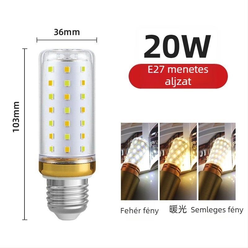 Háztartási LED kukoricaizzó, E27 és E14 foglalat, energiatakarékos, melegfehér háromszínű fény, nagy teljesítményű csillár fényforrás
