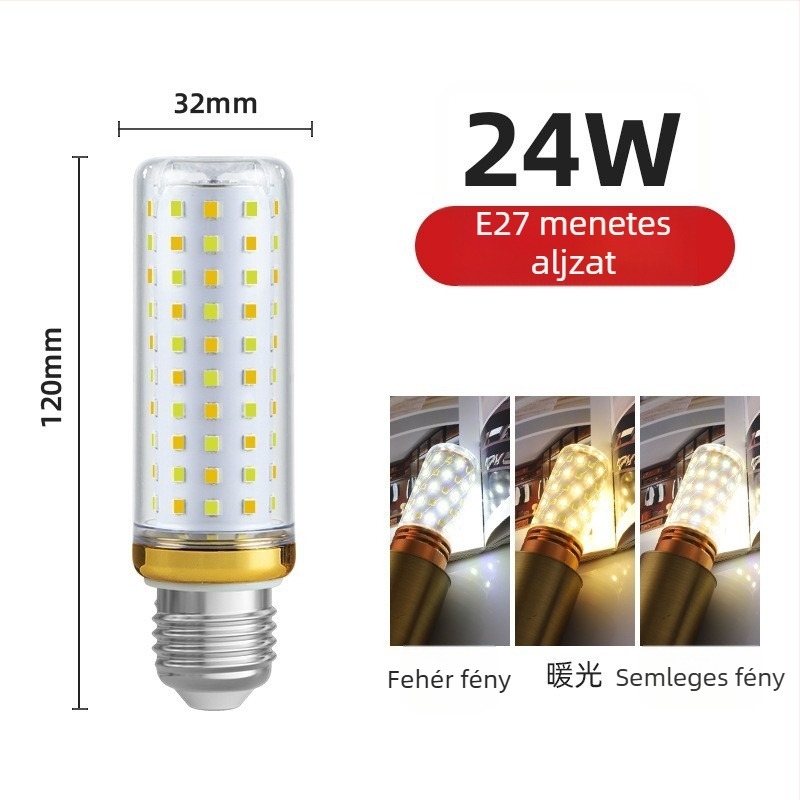 Háztartási LED kukoricaizzó, E27 és E14 foglalat, energiatakarékos, melegfehér háromszínű fény, nagy teljesítményű csillár fényforrás