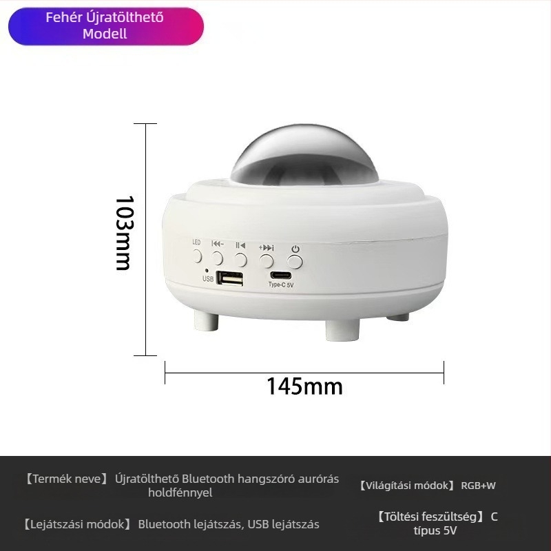 Északi fény holdlámpa csillagos ég projektorral, USB Bluetooth hangszóró, LED hangulatvilág az asztalhoz