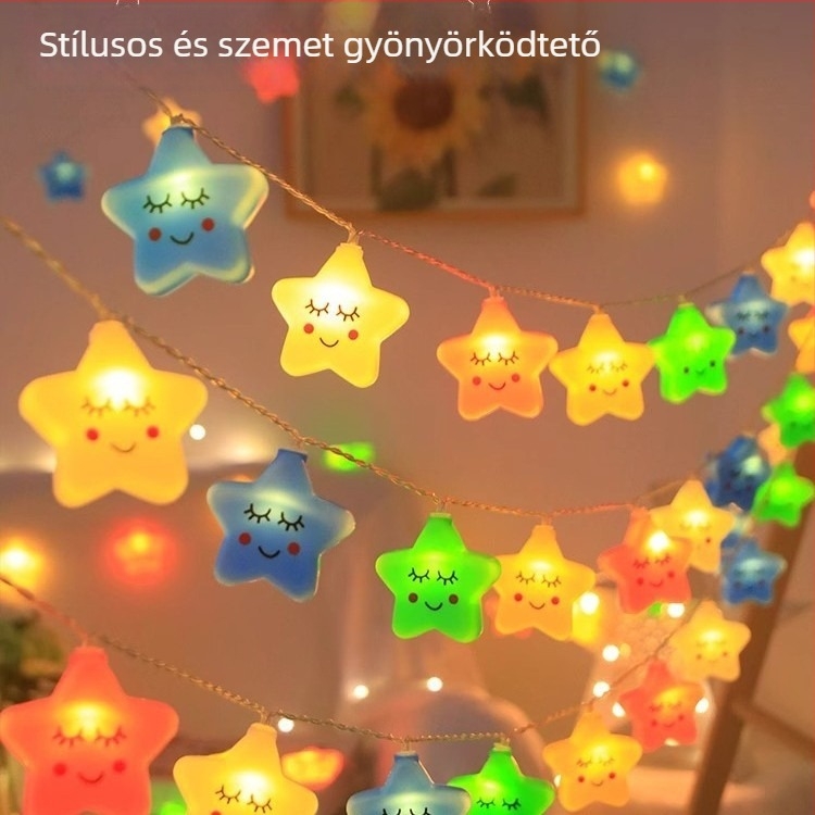 Csillagokat, felhőket és szivárványt ábrázoló LED fényfüzér gyerekszoba dekorációhoz