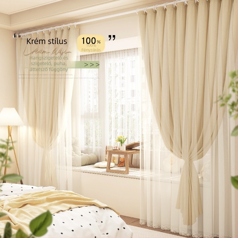 Krémszínű blackout függöny dupla rétegű átlátszó anyaggal, modern minimalist stílus a nappaliba és a hálószobába