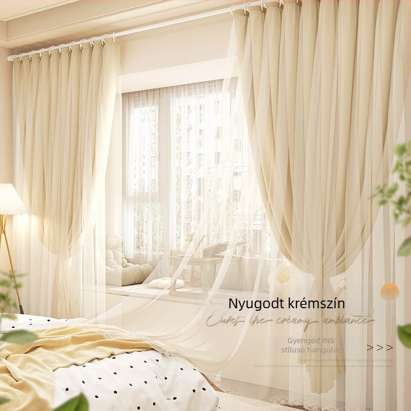 Krémszínű blackout függöny dupla rétegű átlátszó anyaggal, modern minimalist stílus a nappaliba és a hálószobába
