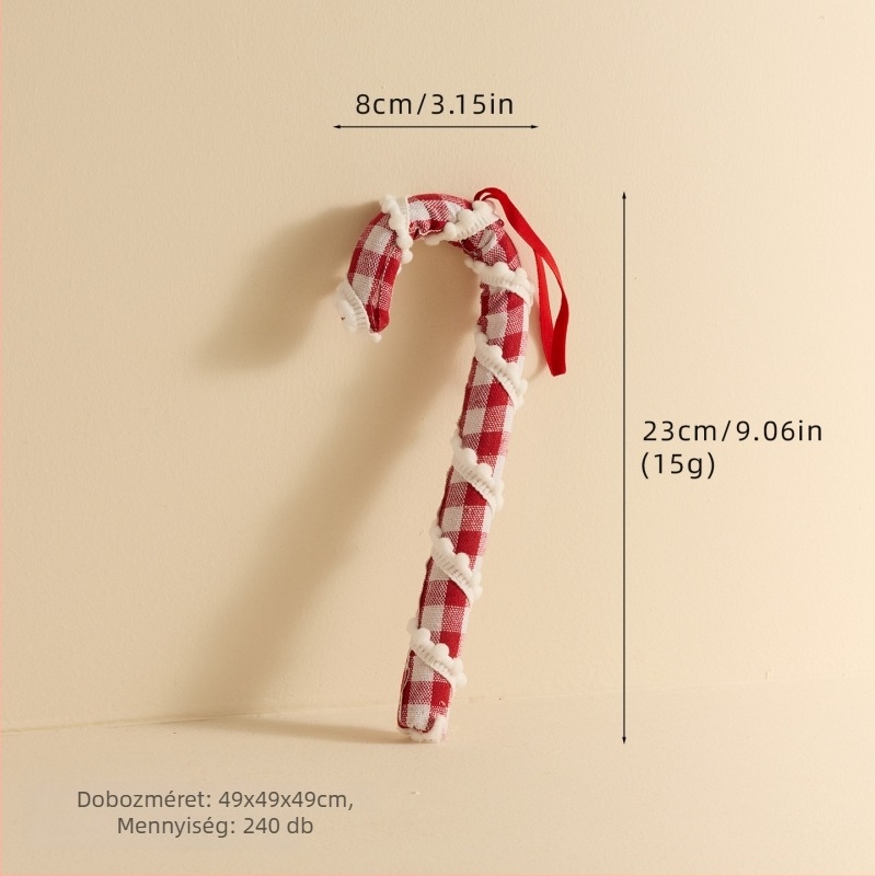 Piros-fehér kockás mintájú cukorkarika alakú díszek, hőlégballon díszek a karácsonyfára