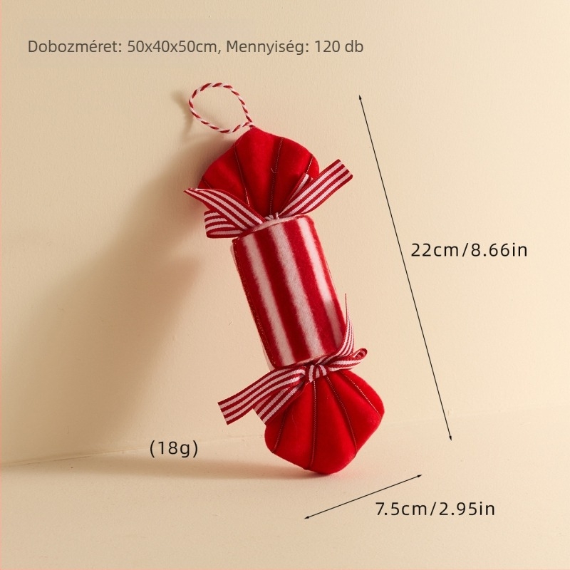 Piros-fehér kockás mintájú cukorkarika alakú díszek, hőlégballon díszek a karácsonyfára