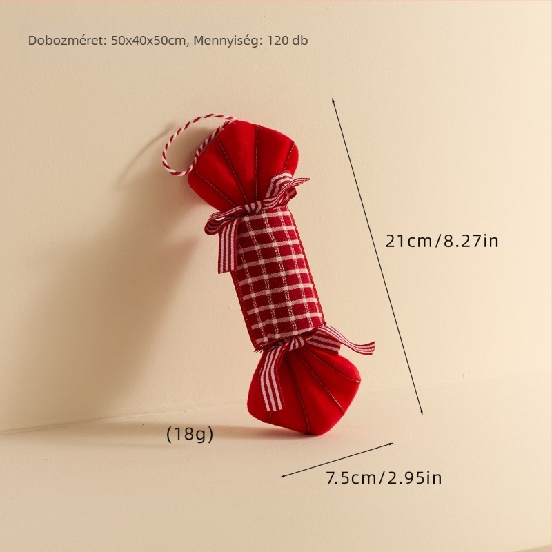 Piros-fehér kockás mintájú cukorkarika alakú díszek, hőlégballon díszek a karácsonyfára