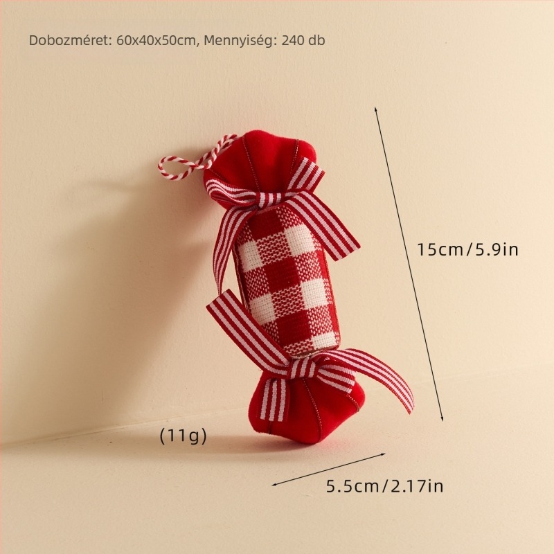 Piros-fehér kockás mintájú cukorkarika alakú díszek, hőlégballon díszek a karácsonyfára
