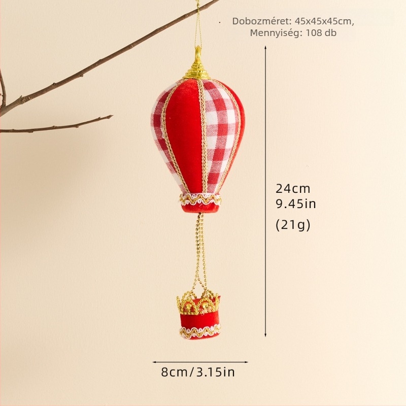 Piros-fehér kockás mintájú cukorkarika alakú díszek, hőlégballon díszek a karácsonyfára