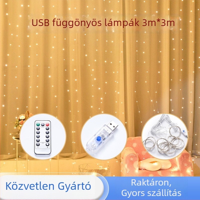 300 LED-es rézdrót függönyfények, 3×3 m, USB tápellátás, nyolcfunkciós távirányító, kültéri vízálló dekoráció karácsonyra