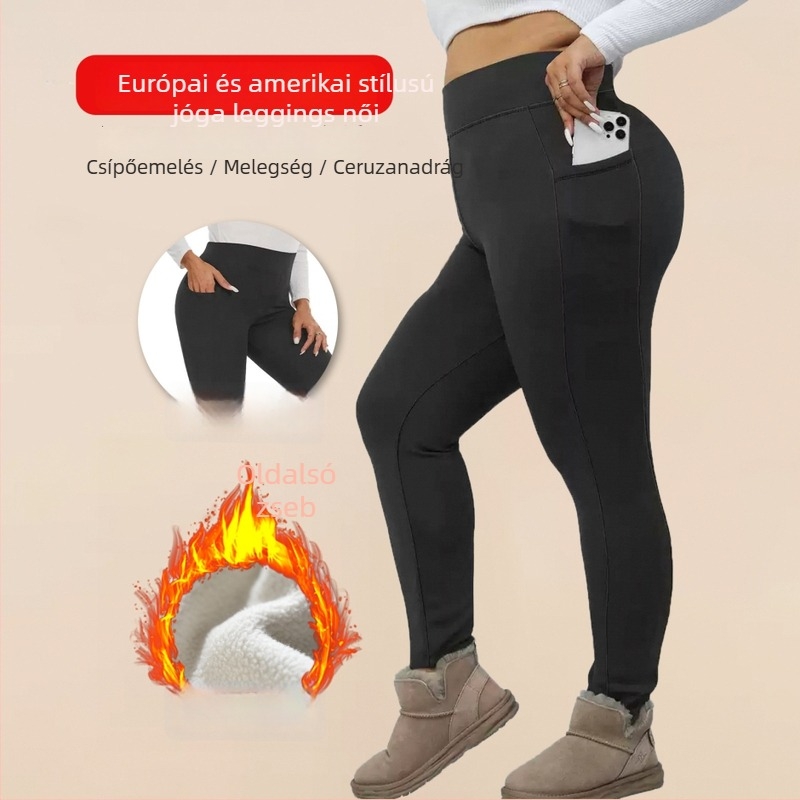 Női fleece-betétes vastag leggings, téli melegen, zsebekkel, karcsúsított fazonú jóga nadrág