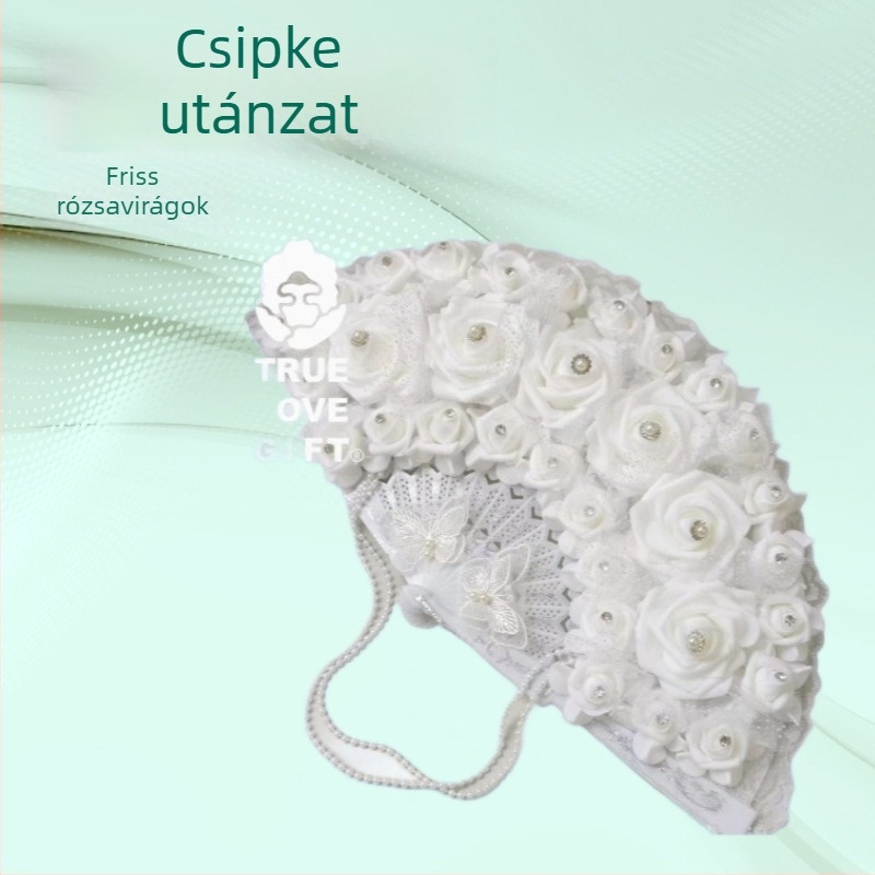 Kézben tartható menyasszonyi ventilátor műkristályokkal és PE virágokkal, nyugati stílusú esküvői kiegészítő