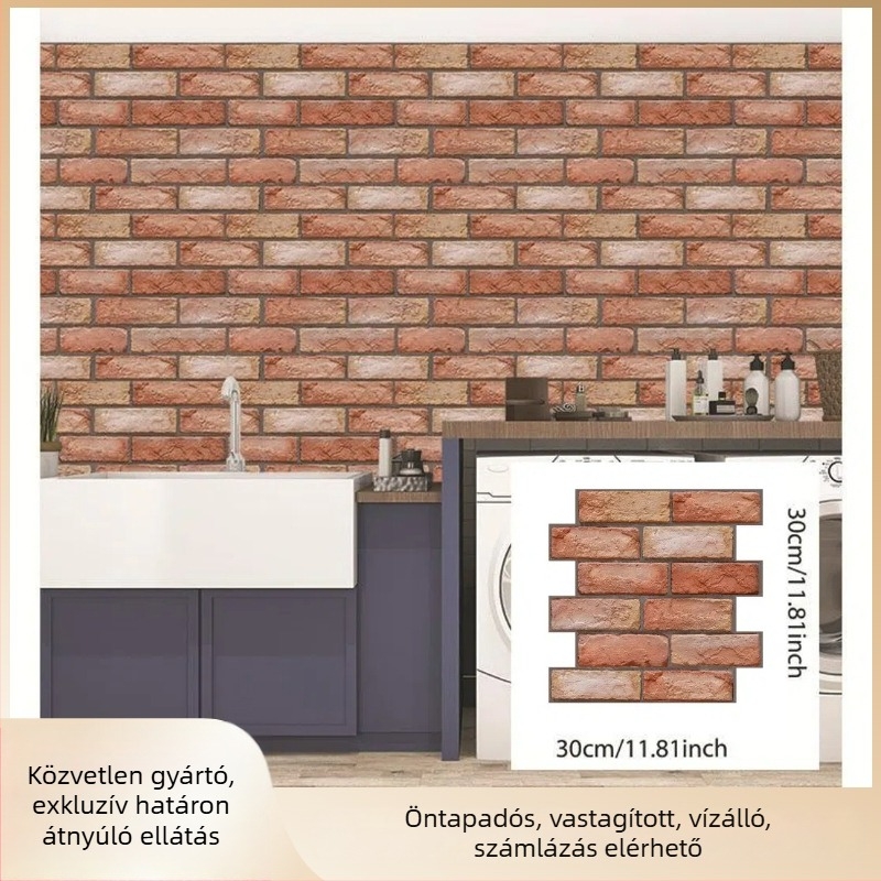 Öntapadós retro téglamintás falidekoráció, 3D-s, vízálló, nappali