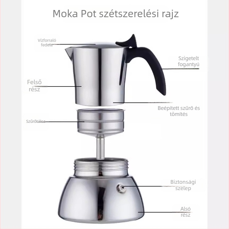 304 rozsdamentes acél moka kanna, olasz stílusú eszpresszó készítő, fekete, vastag aljjal