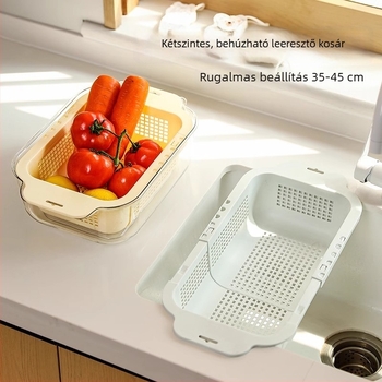 Hosszabbítható leeresztő kosár zöldségek és gyümölcsök számára – műanyag tárolókosár a konyhai mosogatóhoz