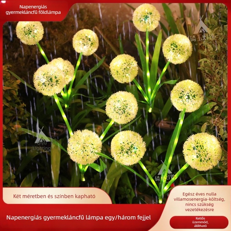Napelemes zöldhagymale lampája és medúza alakú LED földlámpa kültéri tájvilágításhoz, kertre és udvarra, mű virággal