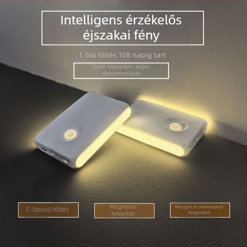 Intelligens mozgásérzékelős LED éjjeli fény USB-C töltéssel, vezeték nélküli mágneses rögzítéshez, otthoni használatra