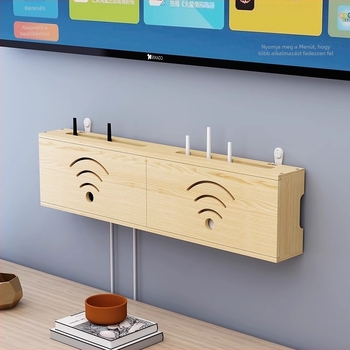 Fából készült WiFi router tároló, kábelkezelő és set-top box tartó