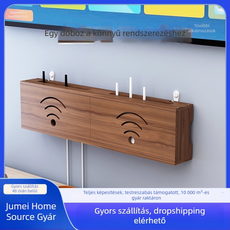 Fából készült WiFi router tároló, kábelkezelő és set-top box tartó