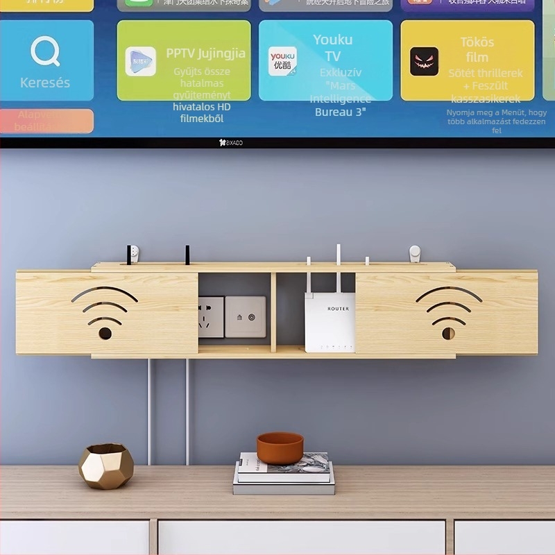 Fából készült WiFi router tároló, kábelkezelő és set-top box tartó
