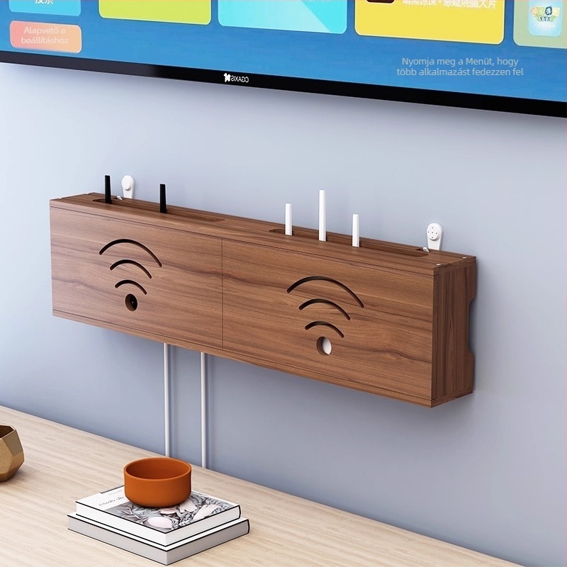 Fából készült WiFi router tároló, kábelkezelő és set-top box tartó