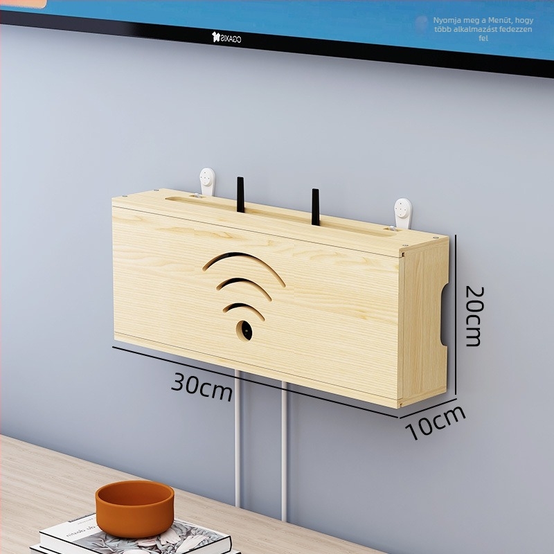 Fából készült WiFi router tároló, kábelkezelő és set-top box tartó