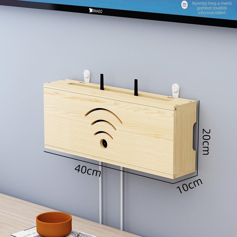 Fából készült WiFi router tároló, kábelkezelő és set-top box tartó