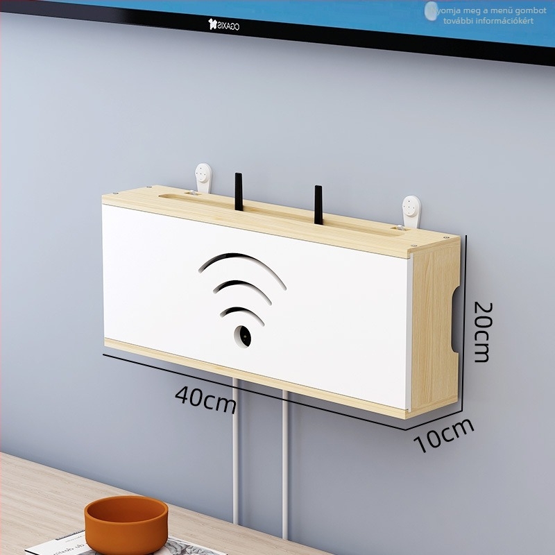 Fából készült WiFi router tároló, kábelkezelő és set-top box tartó