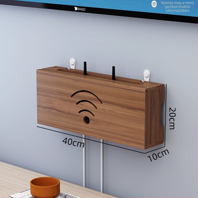 Fából készült WiFi router tároló, kábelkezelő és set-top box tartó