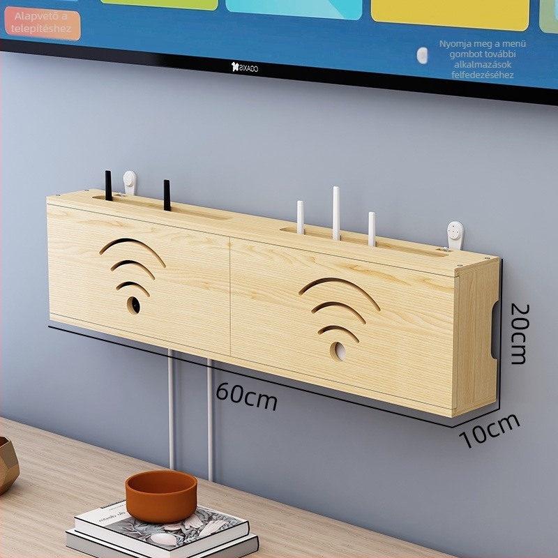 Fából készült WiFi router tároló, kábelkezelő és set-top box tartó