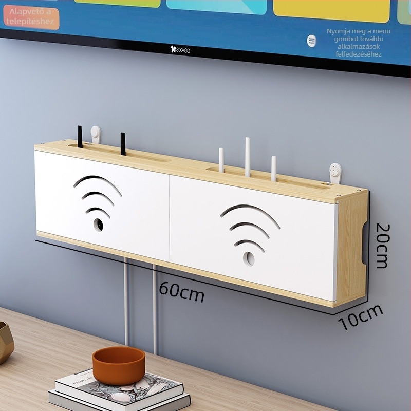 Fából készült WiFi router tároló, kábelkezelő és set-top box tartó