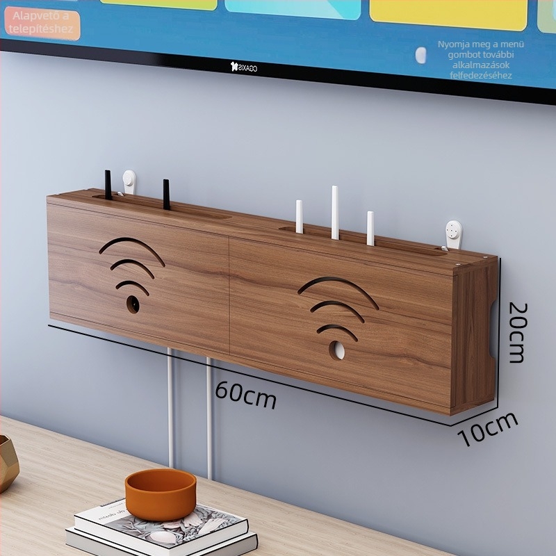 Fából készült WiFi router tároló, kábelkezelő és set-top box tartó