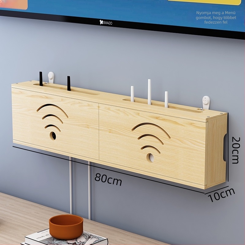 Fából készült WiFi router tároló, kábelkezelő és set-top box tartó