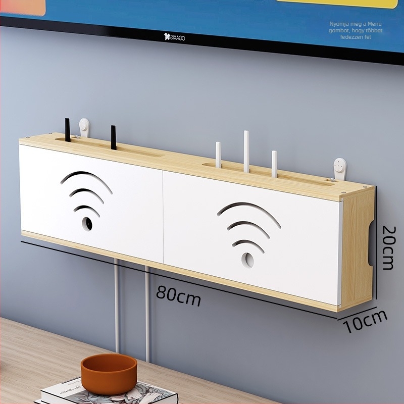 Fából készült WiFi router tároló, kábelkezelő és set-top box tartó