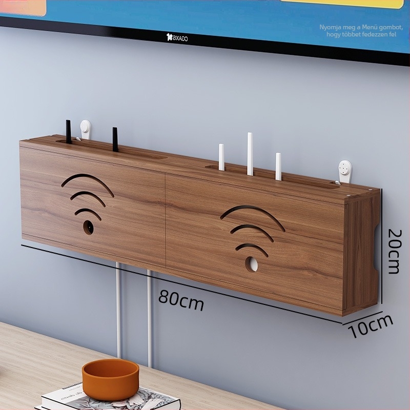Fából készült WiFi router tároló, kábelkezelő és set-top box tartó