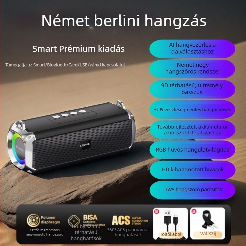 Bluetooth sztereó hangsugárzó kettős hangszóróval, mély basszus, kártyahely, hordozható hosszú üzemidővel