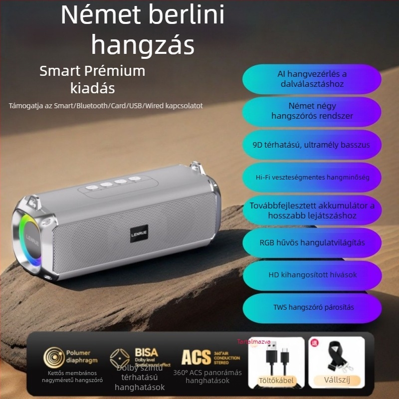 Bluetooth sztereó hangsugárzó kettős hangszóróval, mély basszus, kártyahely, hordozható hosszú üzemidővel