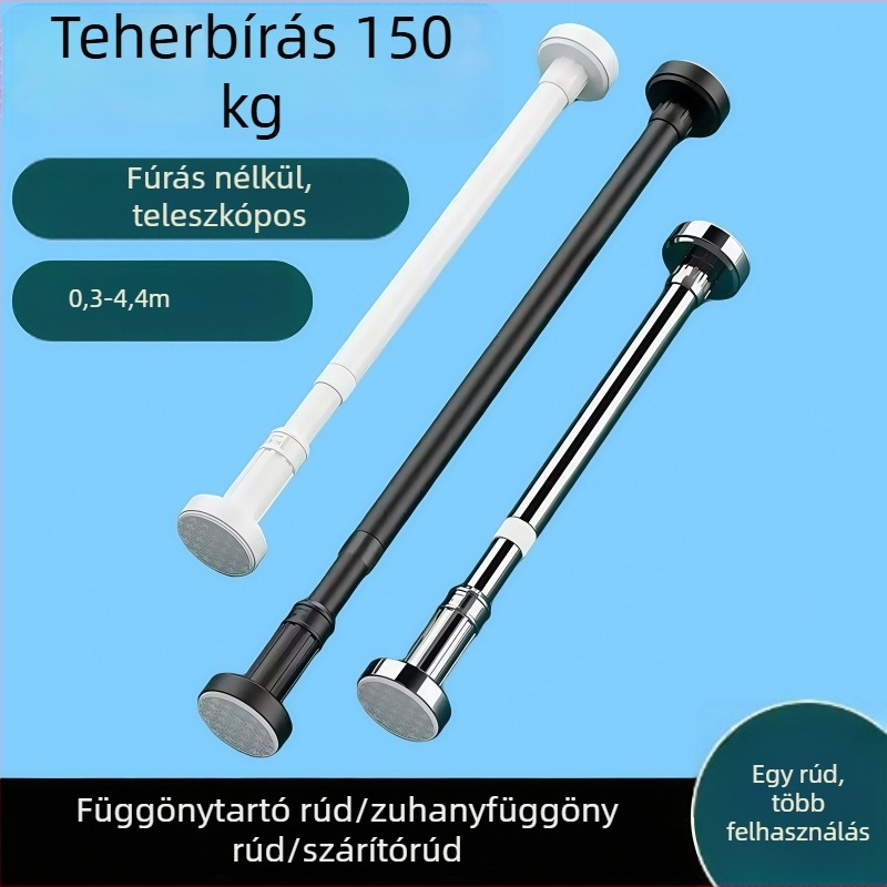 Rozsdamentes acélból készült teleszkópos függönyrúd, szerelés fúrás nélkül, ruhaszárító rúd, gardrób-támasztó rúd, hálószoba elválasztó rúd