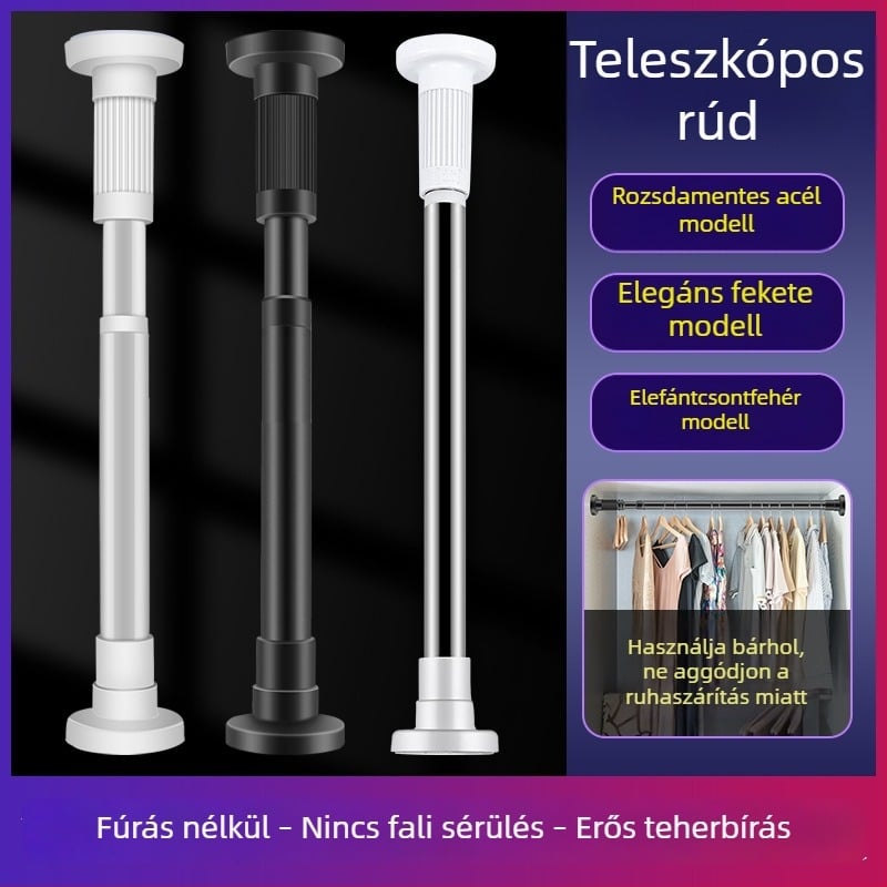 Rozsdamentes acélból készült teleszkópos függönyrúd, szerelés fúrás nélkül, ruhaszárító rúd, gardrób-támasztó rúd, hálószoba elválasztó rúd
