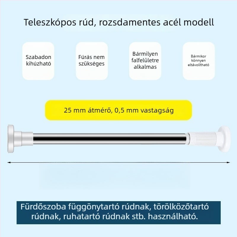 Rozsdamentes acélból készült teleszkópos függönyrúd, szerelés fúrás nélkül, ruhaszárító rúd, gardrób-támasztó rúd, hálószoba elválasztó rúd