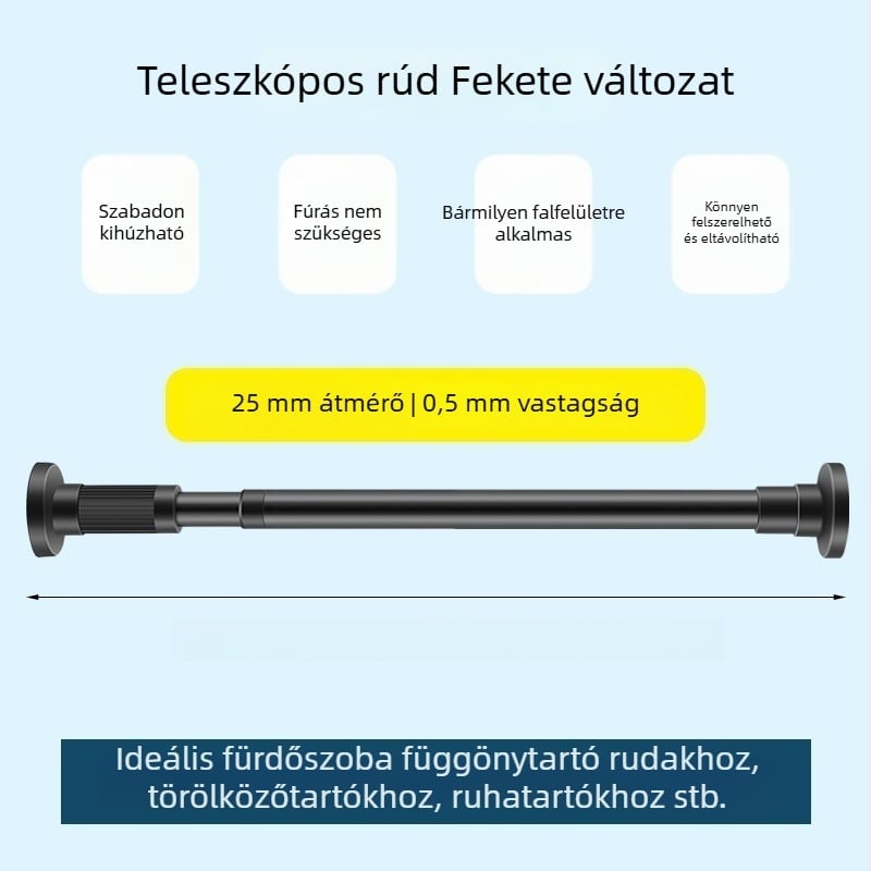 Rozsdamentes acélból készült teleszkópos függönyrúd, szerelés fúrás nélkül, ruhaszárító rúd, gardrób-támasztó rúd, hálószoba elválasztó rúd