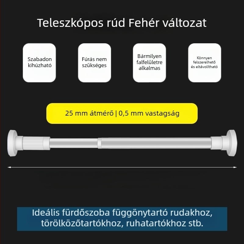 Rozsdamentes acélból készült teleszkópos függönyrúd, szerelés fúrás nélkül, ruhaszárító rúd, gardrób-támasztó rúd, hálószoba elválasztó rúd