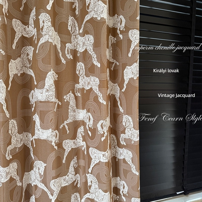 Király Chenille Jacquard függönyanyag – búza krém színű, részben átlátszó, padlótól a mennyezetig, Xu Village sorozat
