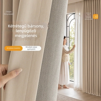 Kétoldalas chenille függöny herringbone mintával, sötétítő hatású, krémszínben, hálószoba és nappali számára, 2025-ös modell