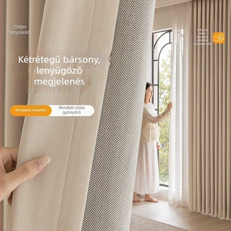 Kétoldalas chenille függöny herringbone mintával, sötétítő hatású, krémszínben, hálószoba és nappali számára, 2025-ös modell