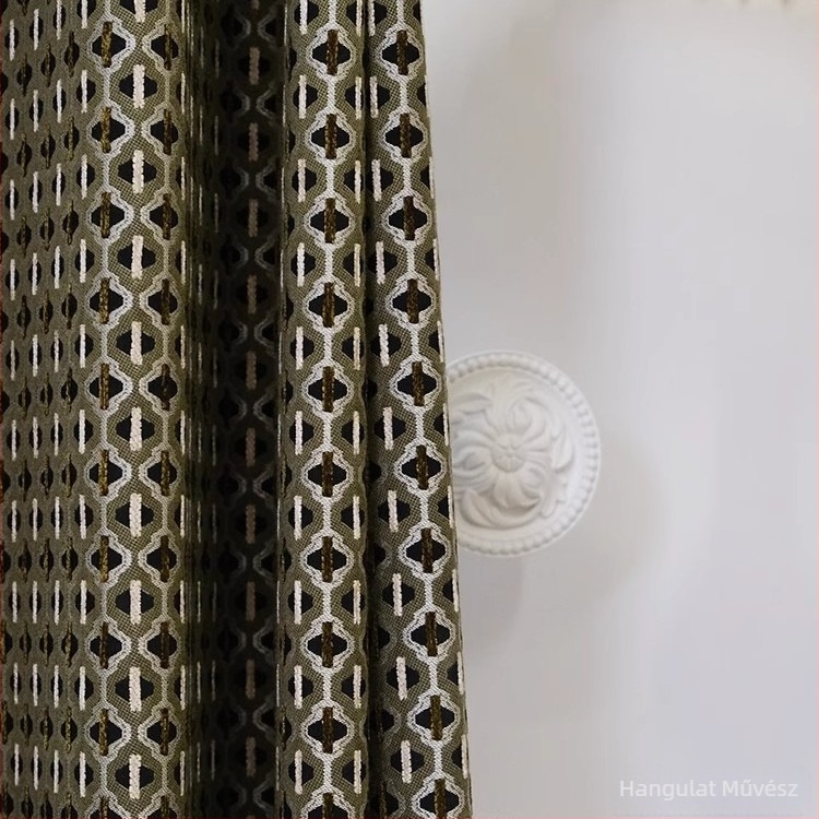 Francia stílusú antik geometriai függöny zöld chenille anyagból, a nappaliba és a hálószobába