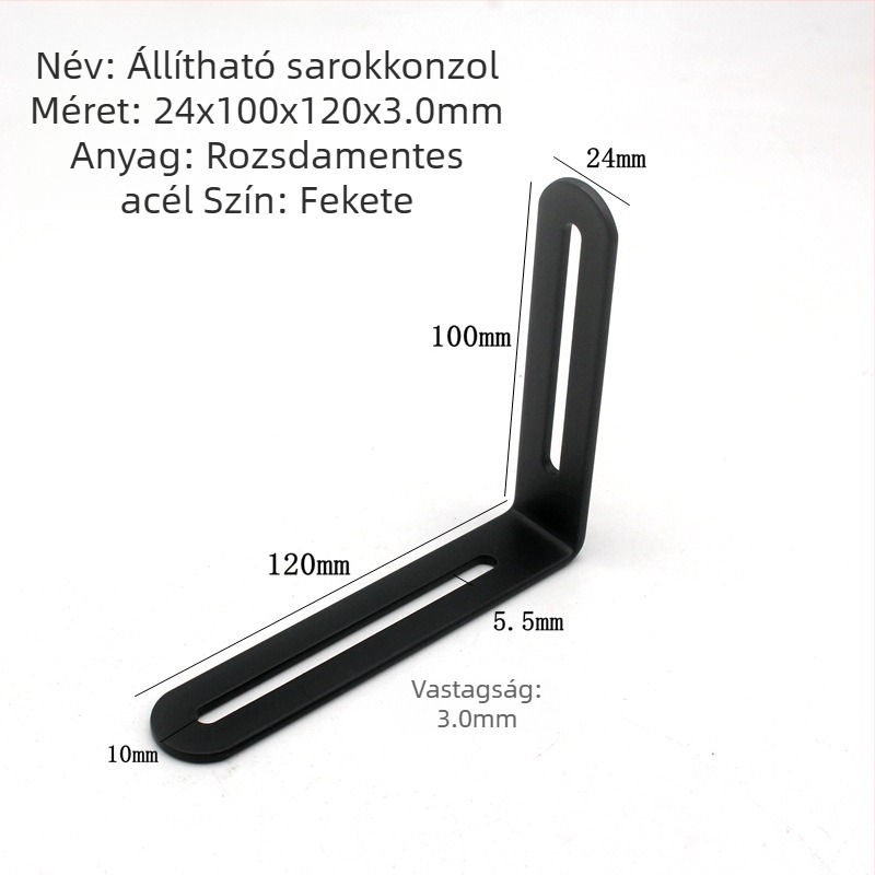 Rozsdamentes acélból készült állítható szögkonzol, egyenes elemmel, hosszú lyukú csatlakozóval és mozgatható szögkomponenssel